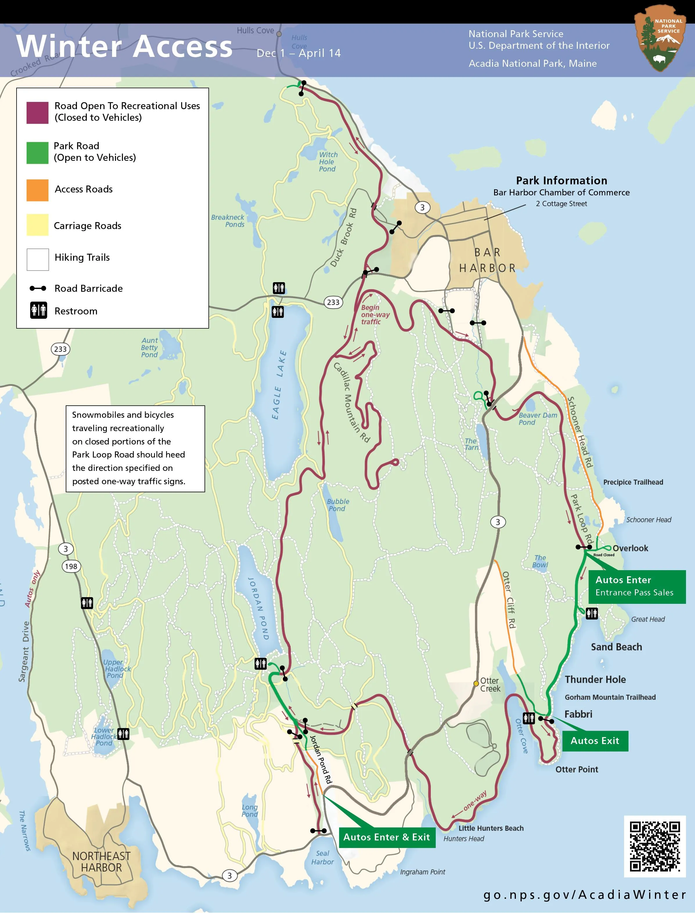 Acadia National Park winter access map showing seasonal road closures and snow activities